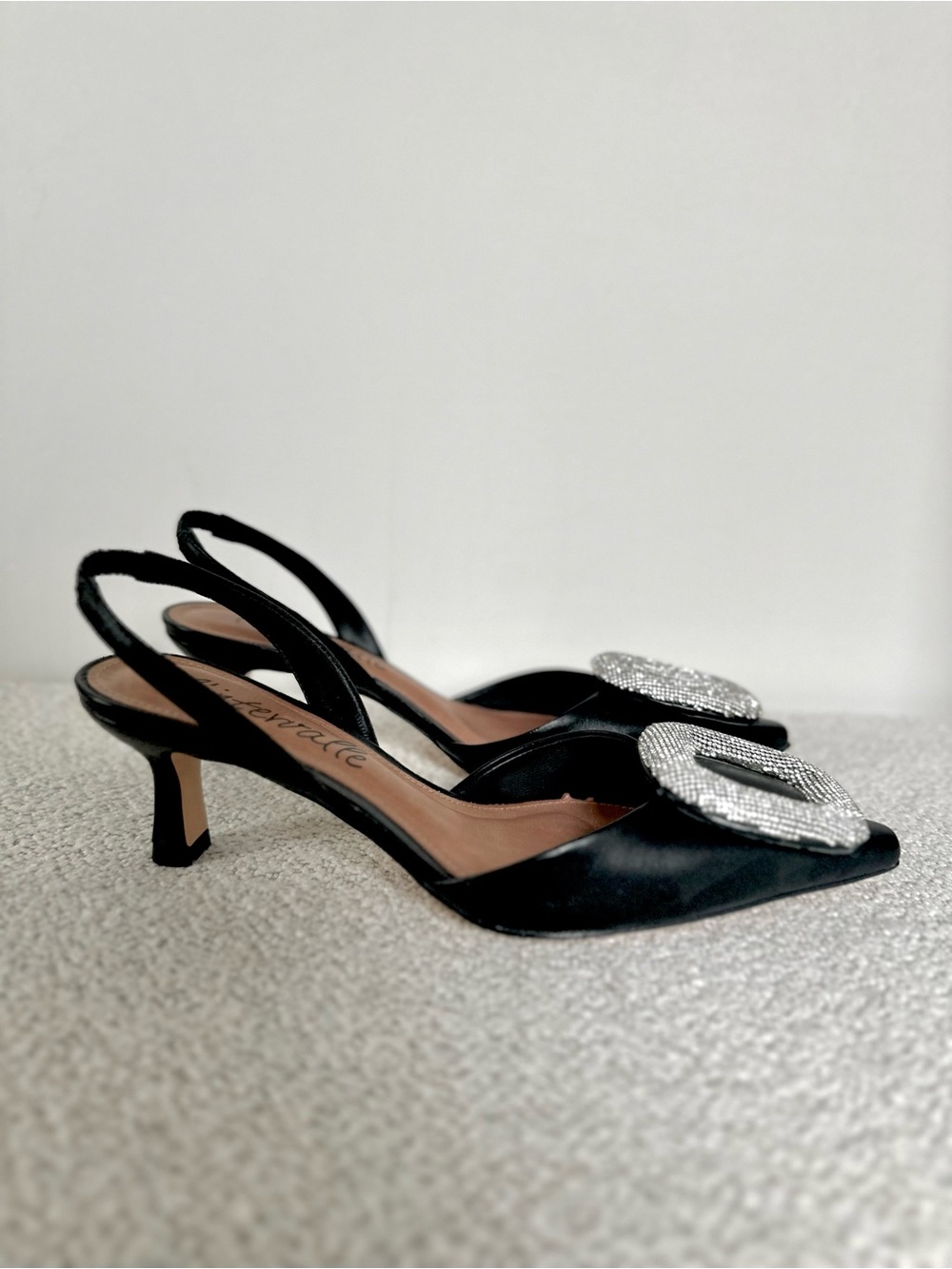 L’intervalle Women’s Black Slingback Pointed-Toe Heels with Crystal Buckle - Picture 6 of 12
